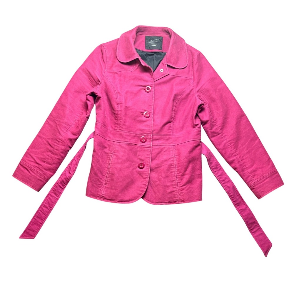 LL Bean Jacket Womens Small Magenta Pink Belted Button Front Twill Coat 679